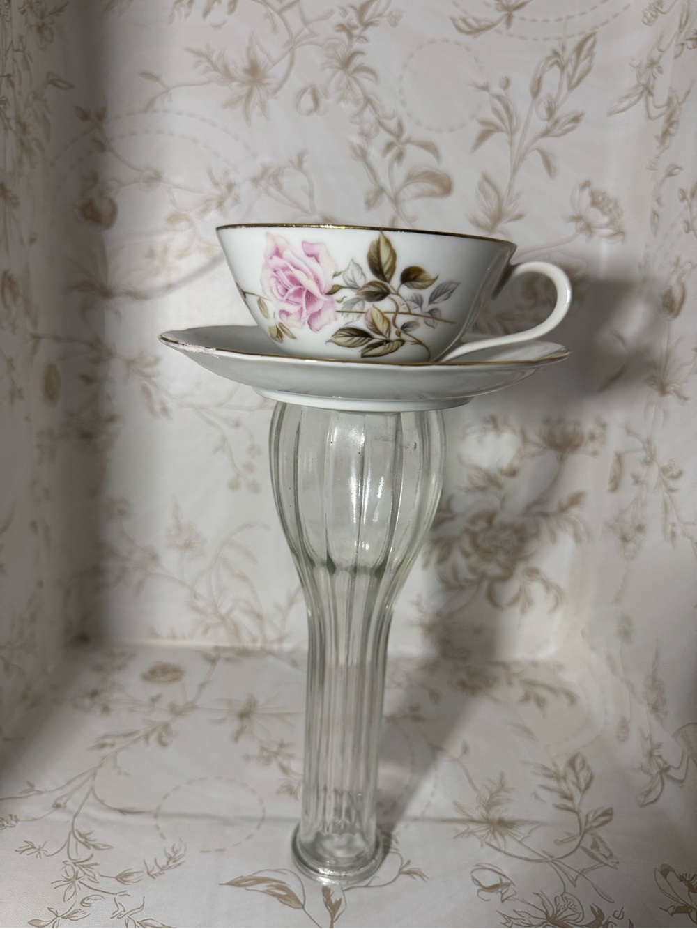 Classic Porcelain Teacup & Saucer with Pink Rose Detail